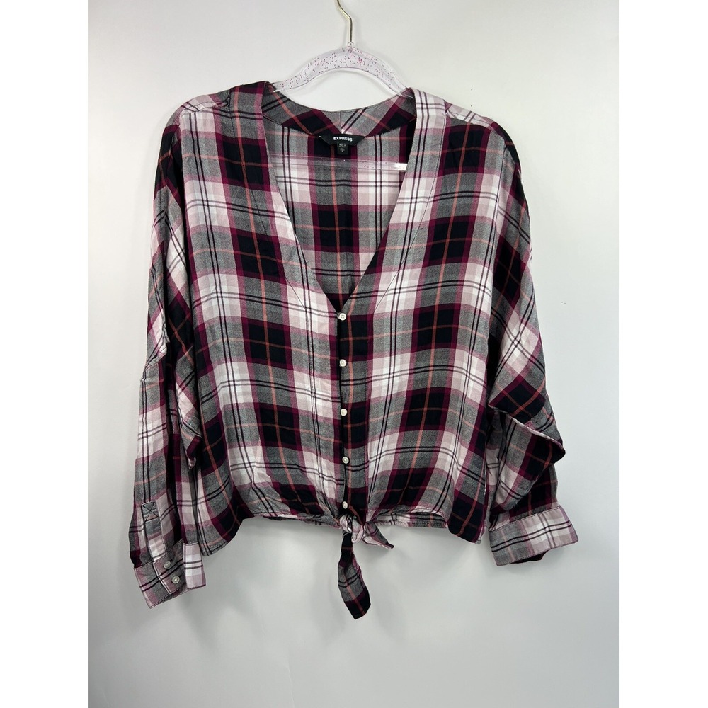 Express Blouse‎ Women's Sz L Purple Plaid Tie 3/4 Sleeves V-Neck Hi Low